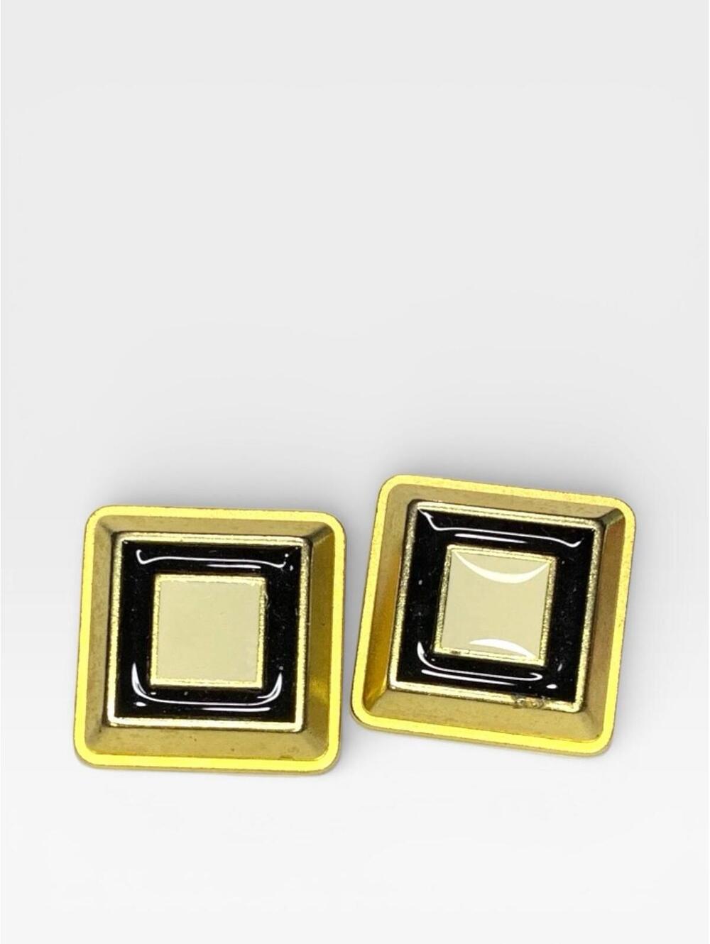 Vintage Gold Tone Black Ivory Enamel Square Buttons 80s Geometric 1” Metal Shank
